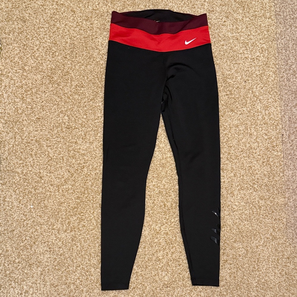 Nike Black Full Length Training Leggings with Red and Burgundy Waistband